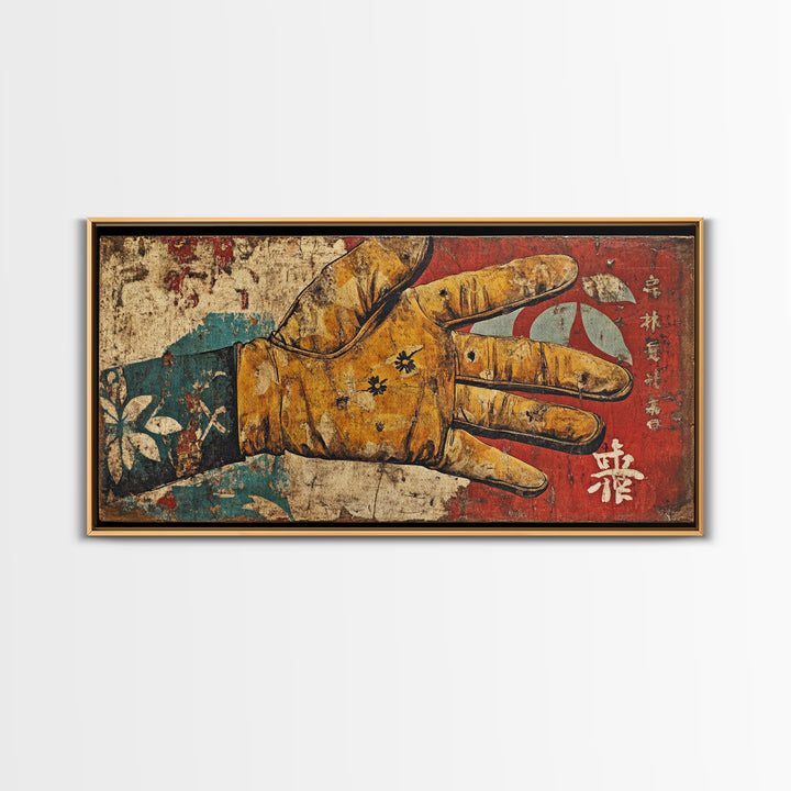 Antique Illustrated Gloved Hand On Red Teal Ground Wall Art, Surreal Canvas Print For Eclectic Decor And Statement Wall Decor