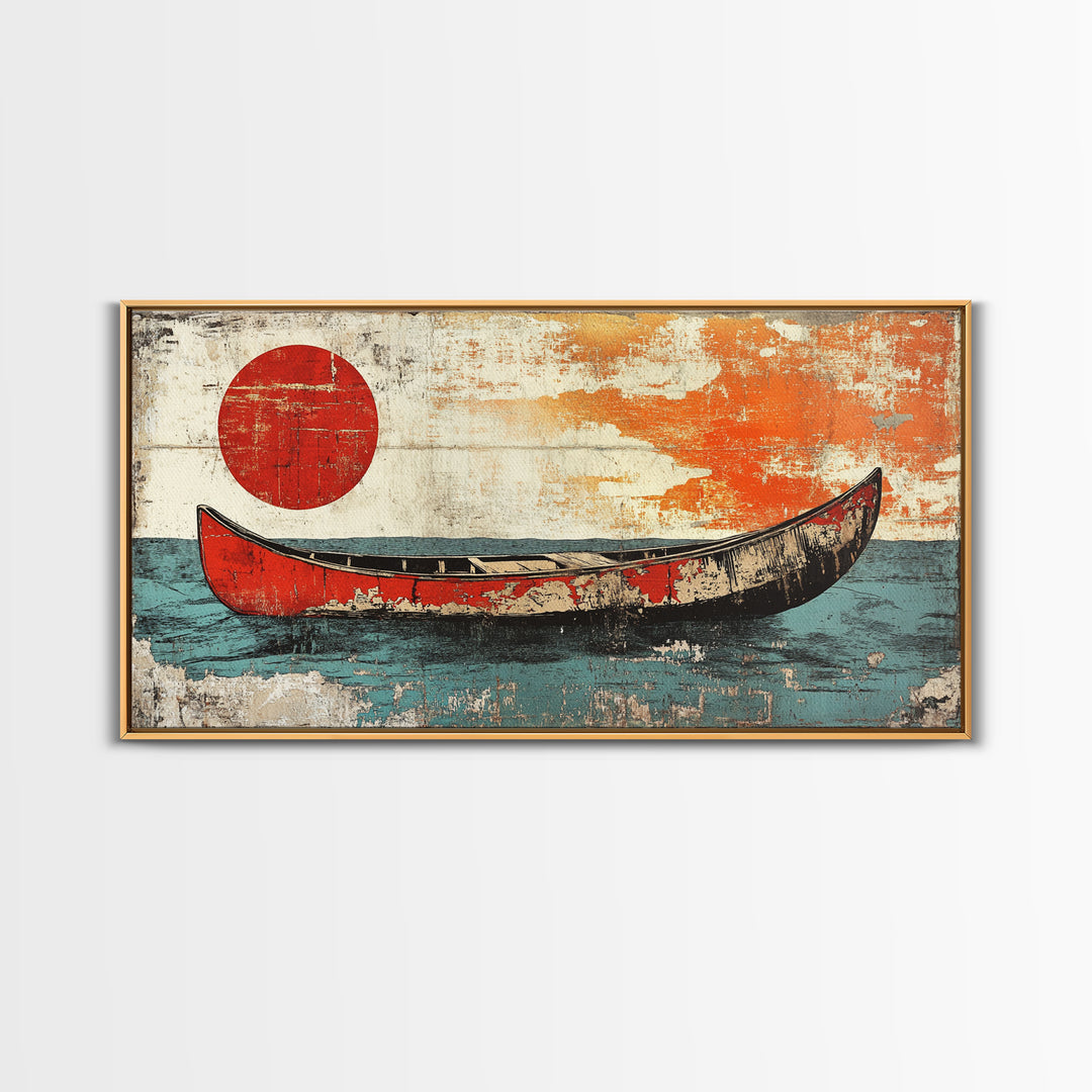 Weathered Red Canoe Beneath Rising Sun Canvas Print, Nautical Wall Art, Minimalist Ocean Art, Coastal Lake House Decor, Gift For Him