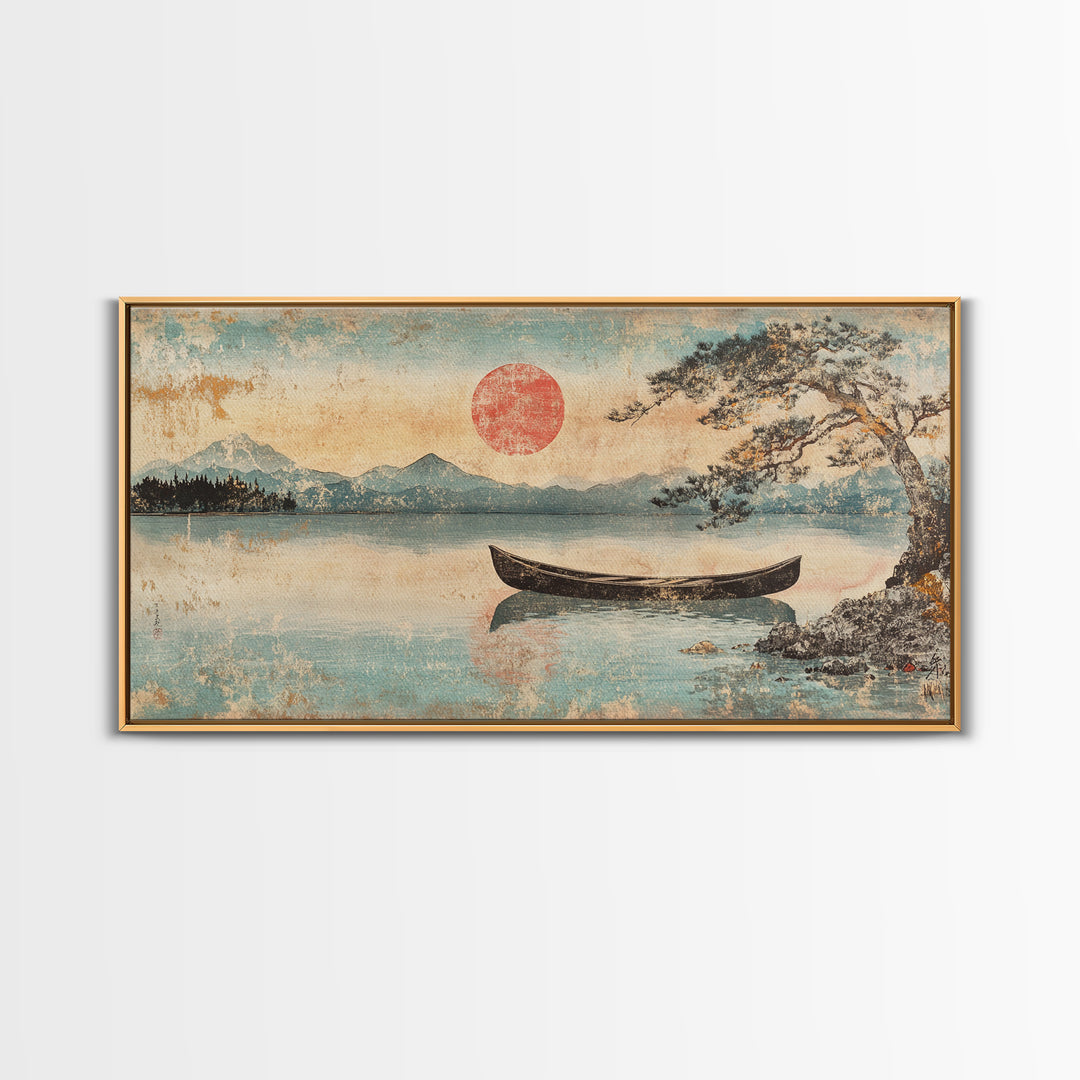 Quiet Canoe On Misty Mountain Lake Wall Art, Japanese Landscape Print, Serene Nature Home Decor, Above Bed Horizontal Art
