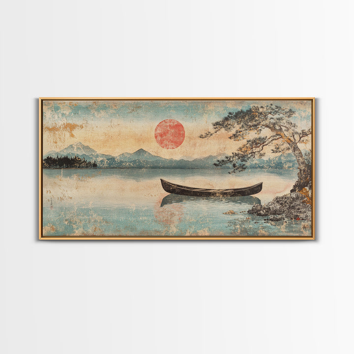 Quiet Canoe On Misty Mountain Lake Wall Art, Japanese Landscape Print, Serene Nature Home Decor, Above Bed Horizontal Art