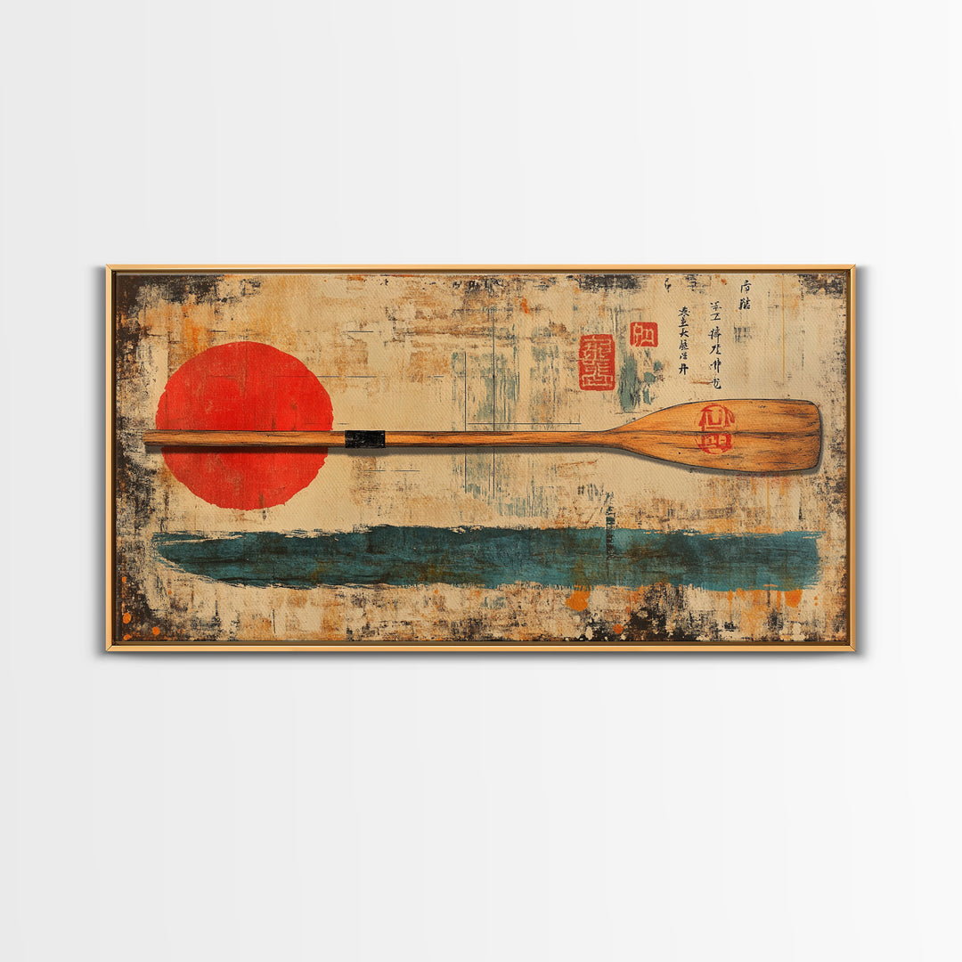 Wooden Canoe Paddle With Red Sun Canvas Print, Japanese Wall Art, Rustic Nautical Decor, Lake House Gift, Long Horizontal Art