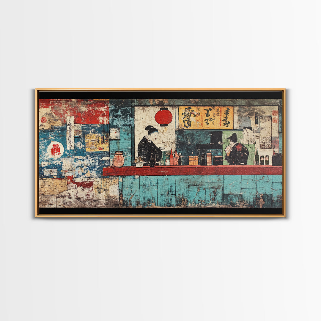 Retro Japanese Ramen Shop With Chef And Diner Canvas Print, Kitchen Wall Art, Restaurant Decor, Asian Food Poster, Home Decor