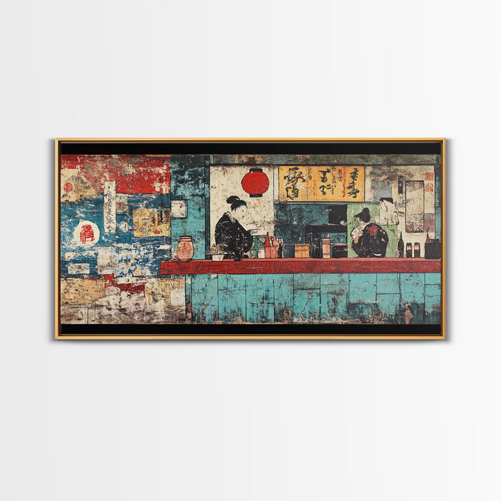 Retro Japanese Ramen Shop With Chef And Diner Canvas Print, Kitchen Wall Art, Restaurant Decor, Asian Food Poster, Home Decor