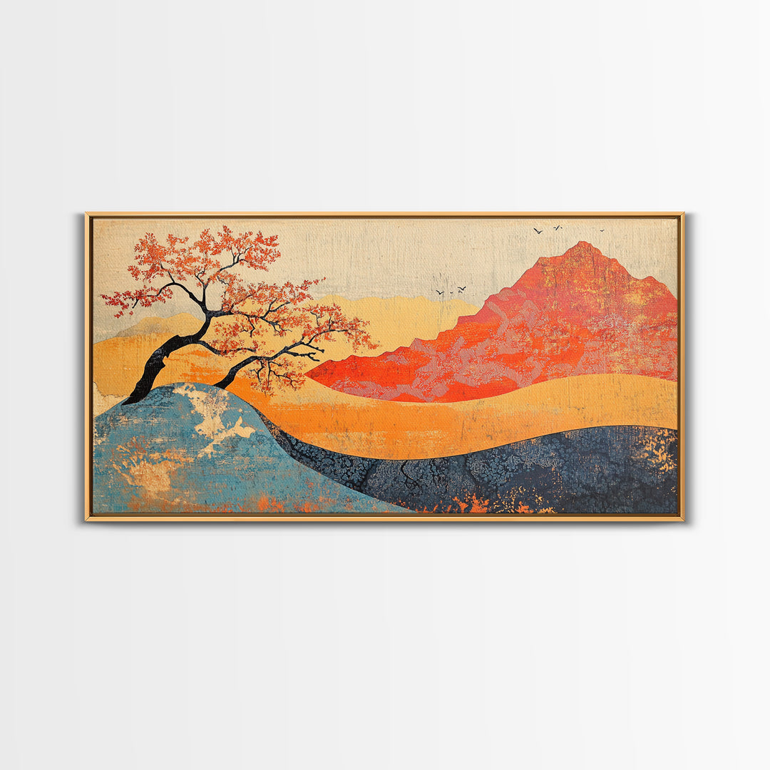 Red Mountain And Blossoming Tree Wall Art, Japanese Landscape Canvas Decor, Abstract Nature Print For Bedroom Or Office Decor