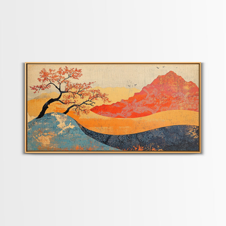 Red Mountain And Blossoming Tree Wall Art, Japanese Landscape Canvas Decor, Abstract Nature Print For Bedroom Or Office Decor