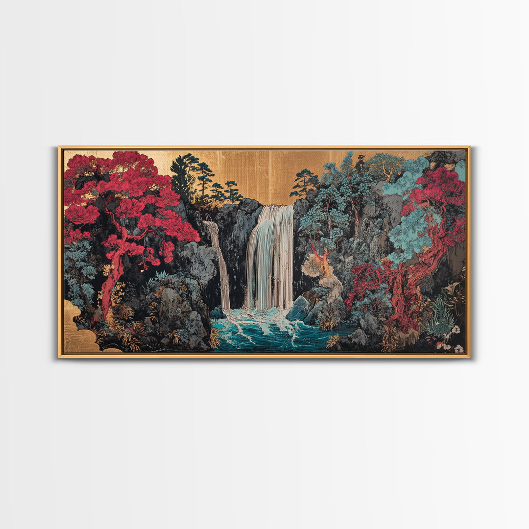 Lush Waterfall With Pink Forest Wall Art, Japanese Garden Canvas Decor, Moody Botanical Landscape Print For Living Room Decor
