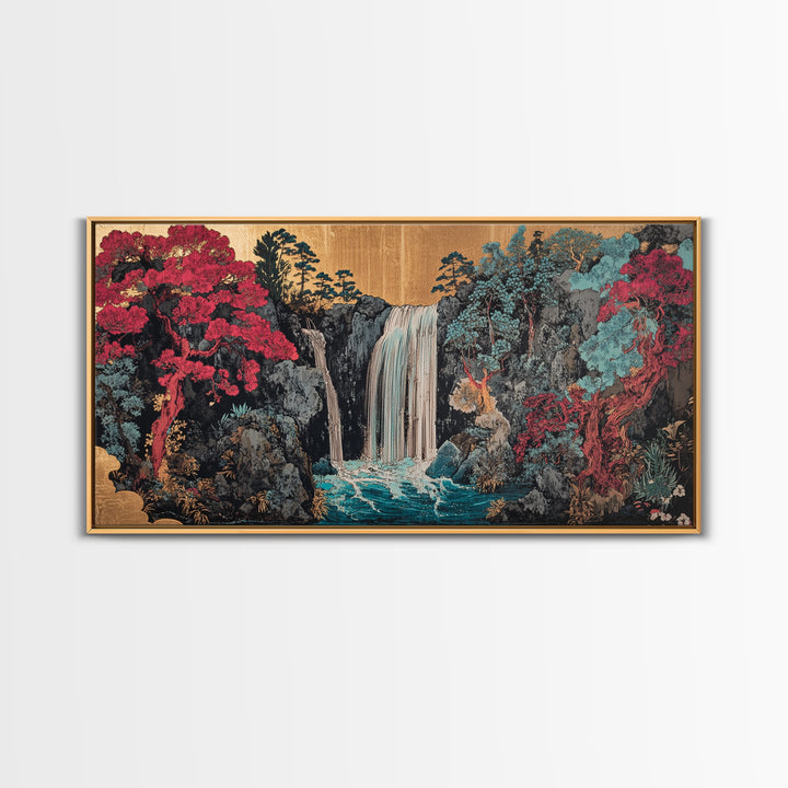 Lush Waterfall With Pink Forest Wall Art, Japanese Garden Canvas Decor, Moody Botanical Landscape Print For Living Room Decor
