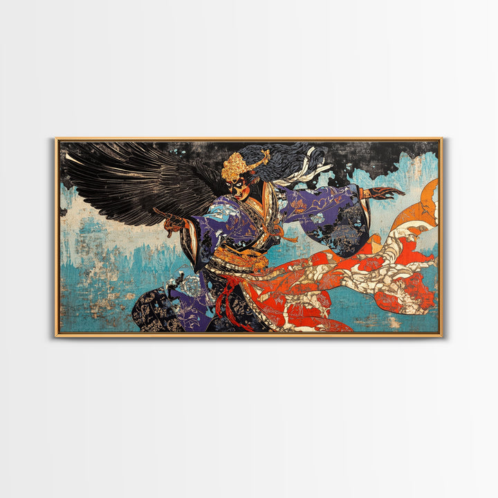 Winged Samurai Warrior In Blue Kimono Wall Art, Japanese Mythological Canvas Decor, Dramatic Fantasy Art Print For Office