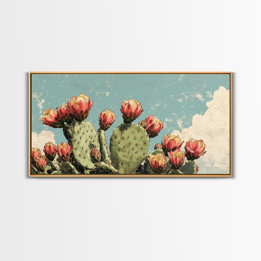 Blooming Prickly Pear Cactus Wall Art, Desert Botanical Canvas Decor, Southwestern Floral Print For Bedroom Or Living Room