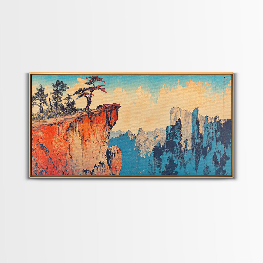 Red Canyon Cliff With Windswept Pines Canvas Print, Asian Mountain Landscape Wall Art, Large Japandi Home Decor For Living Room