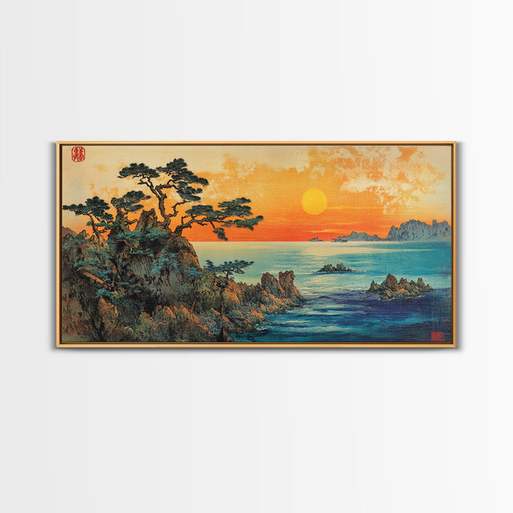 Golden Sunset Over Pine Covered Rocky Coast Canvas Print, Coastal Landscape Wall Art, Serene Beach House Decor For Living Room