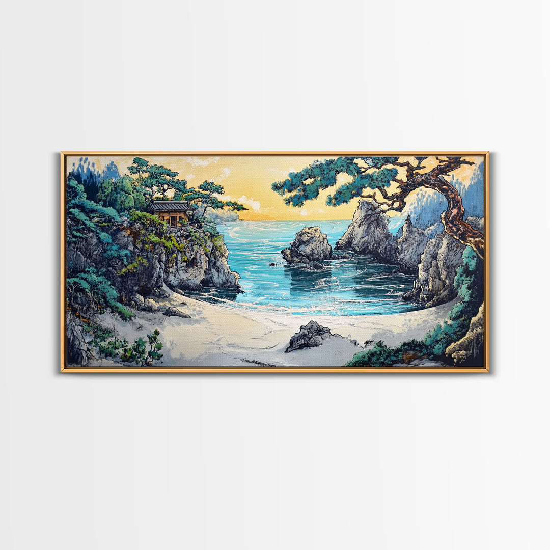 Secluded Turquoise Cove With Cliffside Temple Framed Canvas Print, Japanese Coastal Wall Art, Japandi Home Decor For Living Room