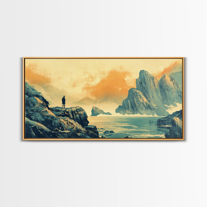 Lone Traveler Over Misty Mountain Lake Framed Canvas Print, Asian Landscape Wall Art, Calming Japandi Home Decor For Living Room