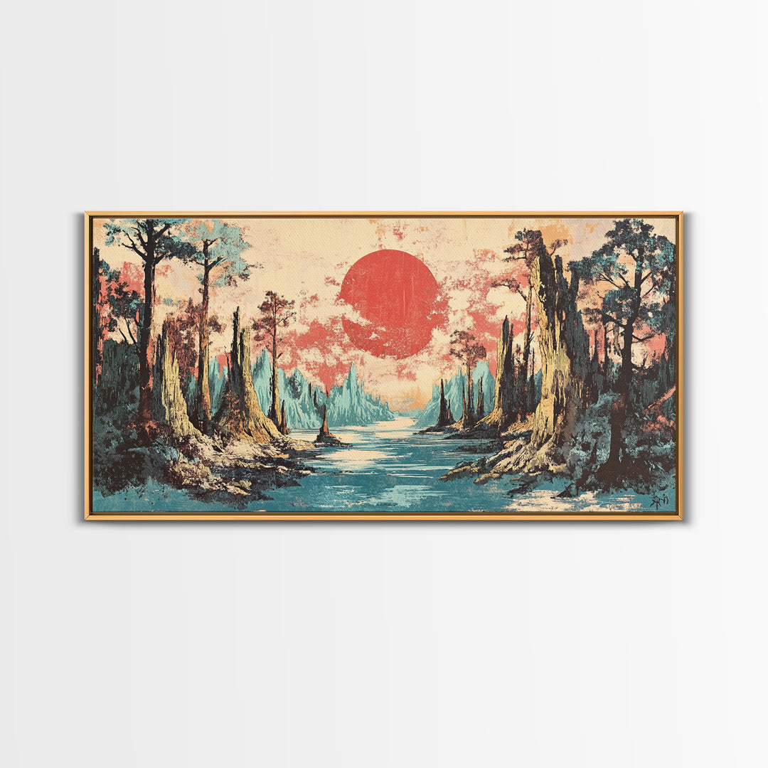 Cypress Swamp River At Red Sun Sunset Canvas Print, Bayou Landscape Wall Decor, Rustic Nature Art, Living Room Decor, Housewarming Gift