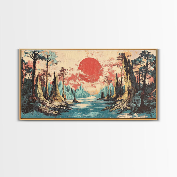 Cypress Swamp River At Red Sun Sunset Canvas Print, Bayou Landscape Wall Decor, Rustic Nature Art, Living Room Decor, Housewarming Gift