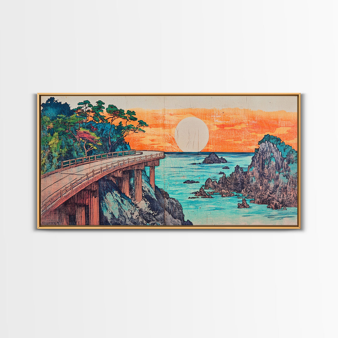 Retro Coastal Bridge Over Turquoise Sea Framed Canvas Print, Japanese Landscape Art, Beach House Decor, Large Wall Art, Art Print