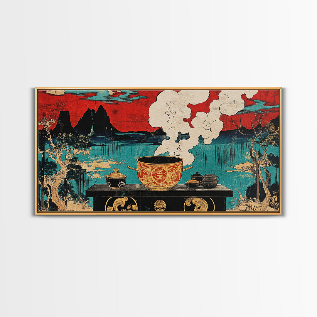 Steaming Tea Pot Before Asian Lake And Red Sky Canvas Print, Japanese Kitchen Wall Art, Zen Dining Room Decor, Tea Lover Gift