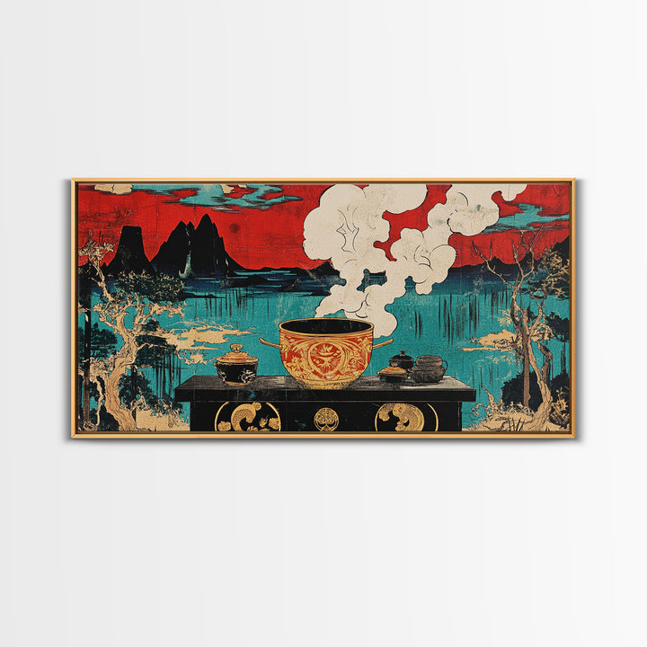 Steaming Tea Pot Before Asian Lake And Red Sky Canvas Print, Japanese Kitchen Wall Art, Zen Dining Room Decor, Tea Lover Gift