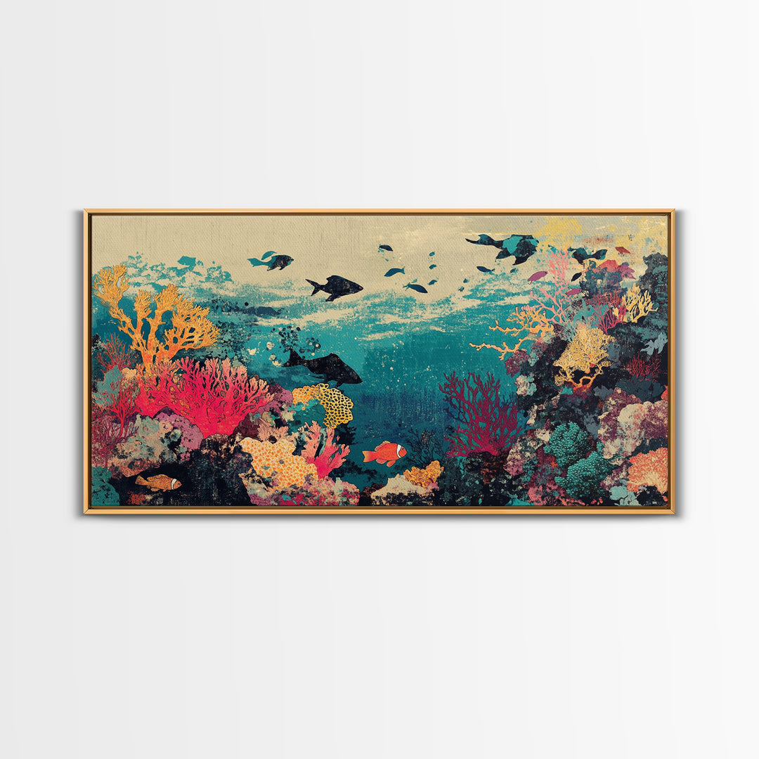 Vibrant Coral Reef Fish And Sharks Wall Art, Coastal Ocean Canvas Decor, Tropical Sea Life Print, Beach House Gift, Living Room Decor