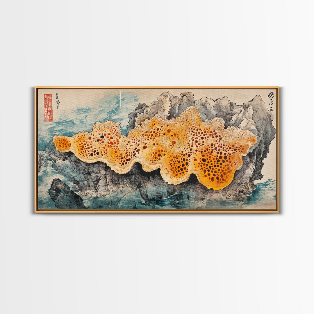 Orange Sea Sponge On Rock Wall Art, Japanese Coastal Print, Ocean Life Decor, Textured Marine Canvas, Beach House Gift, Wall Decor
