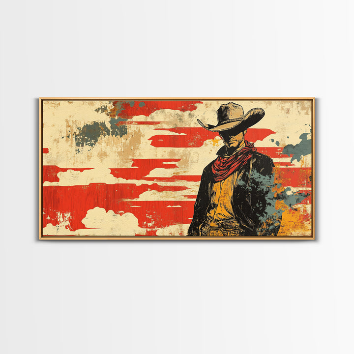 Lone Cowboy Under Red Sky Wall Art, Western Canvas Print, Rustic Ranch Decor, Masculine Office Art, Gift For Him, Cowboy Wall Decor