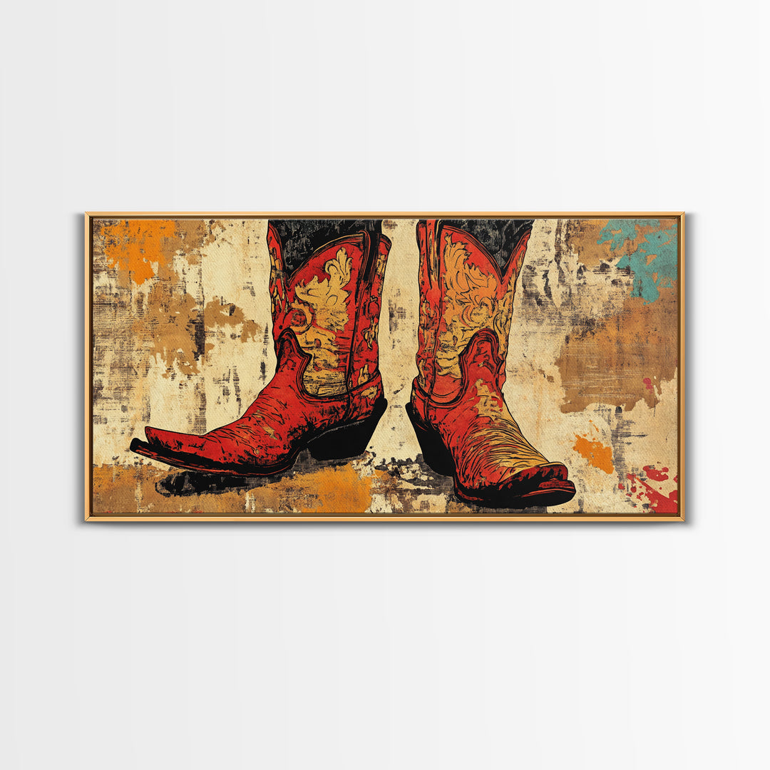 Red Embroidered Cowboy Boots Wall Art, Western Canvas Print, Cowgirl Decor, Rustic Farmhouse Gift, Statement Western Decor
