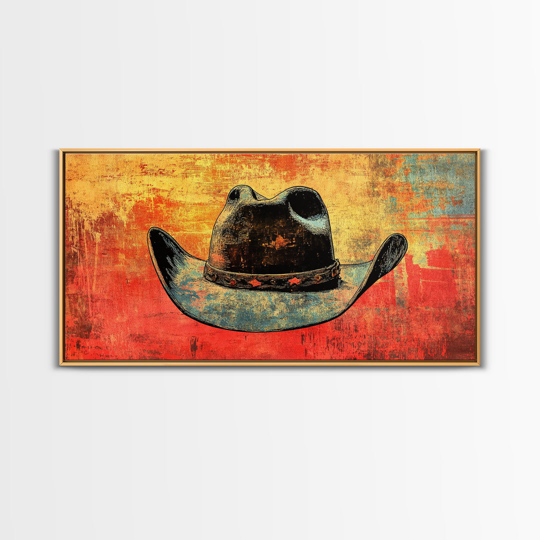 Weathered Blue Cowboy Hat Wall Art, Western Canvas Print, Rustic Ranch Decor, Masculine Man Cave Gift, Southwestern Style