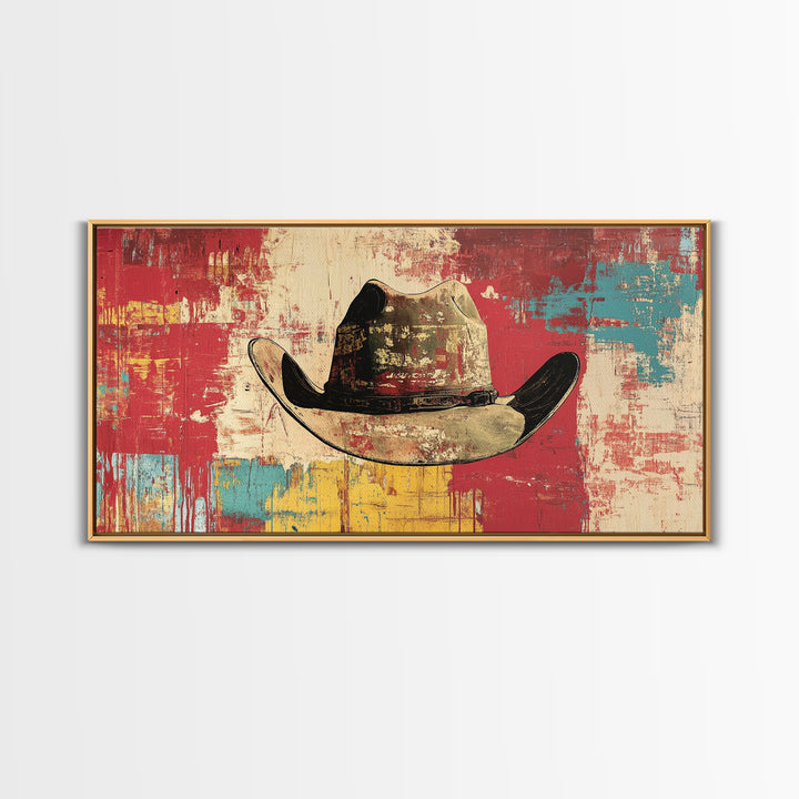 Distressed Cowboy Hat On Red Turquoise Wall Art, Western Canvas Print, Rustic Ranch Decor, Man Cave Gift, Modern Decor Print