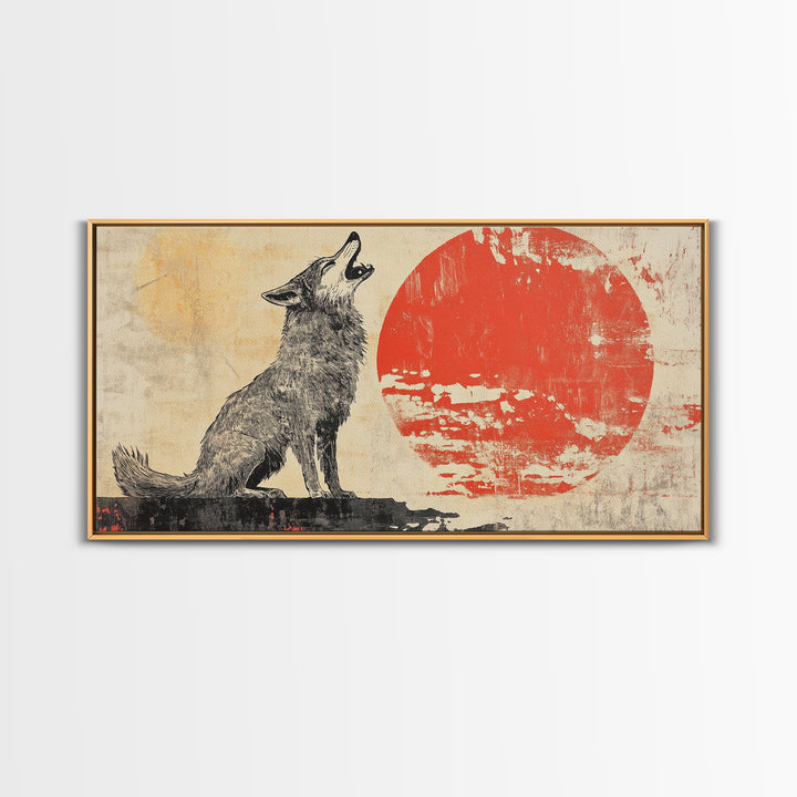 Howling Wolf With Red Sun Framed Canvas Print, Rustic Wildlife Wall Art, Southwestern Decor, Nature Gift For Him, Cabin Home Decor