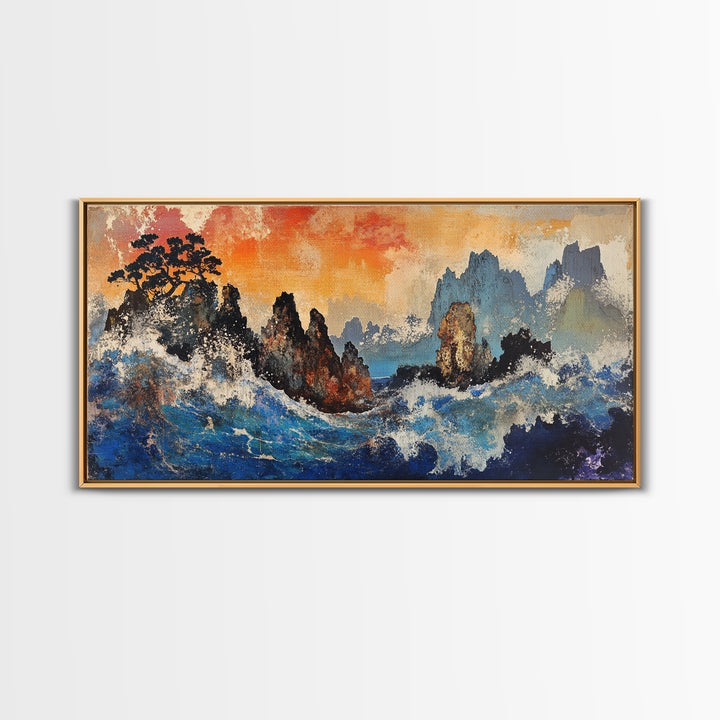 Crashing Blue Waves And Misty Mountains Canvas Print, Asian Landscape Wall Art, Modern Coastal Decor, Living Room Art Print