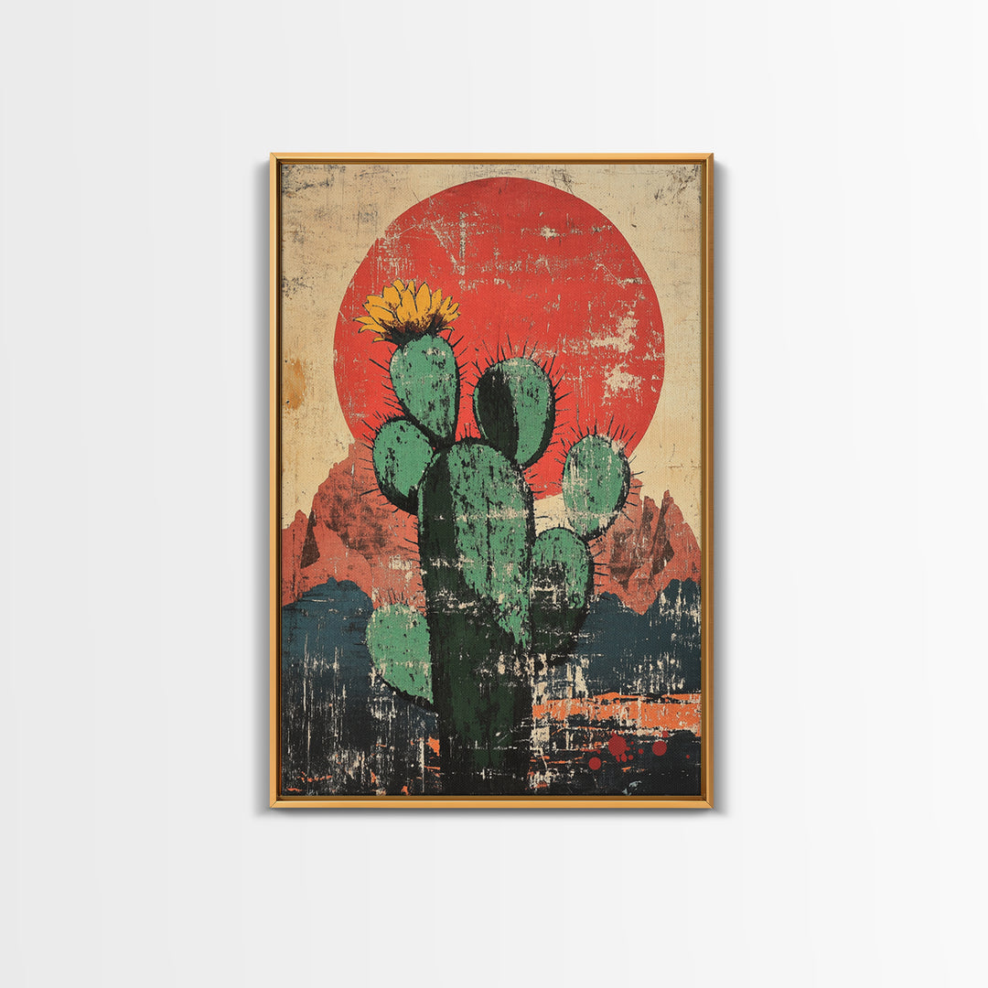 Blooming Prickly Pear Cactus At Red Sun Canvas Print, Southwestern Desert Wall Decor, Boho Western Home Decor, Arizona Art, Rustic Decor