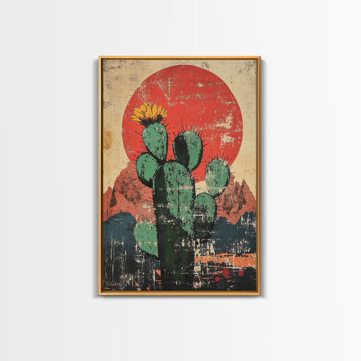 Blooming Prickly Pear Cactus At Red Sun Canvas Print, Southwestern Desert Wall Decor, Boho Western Home Decor, Arizona Art, Rustic Decor