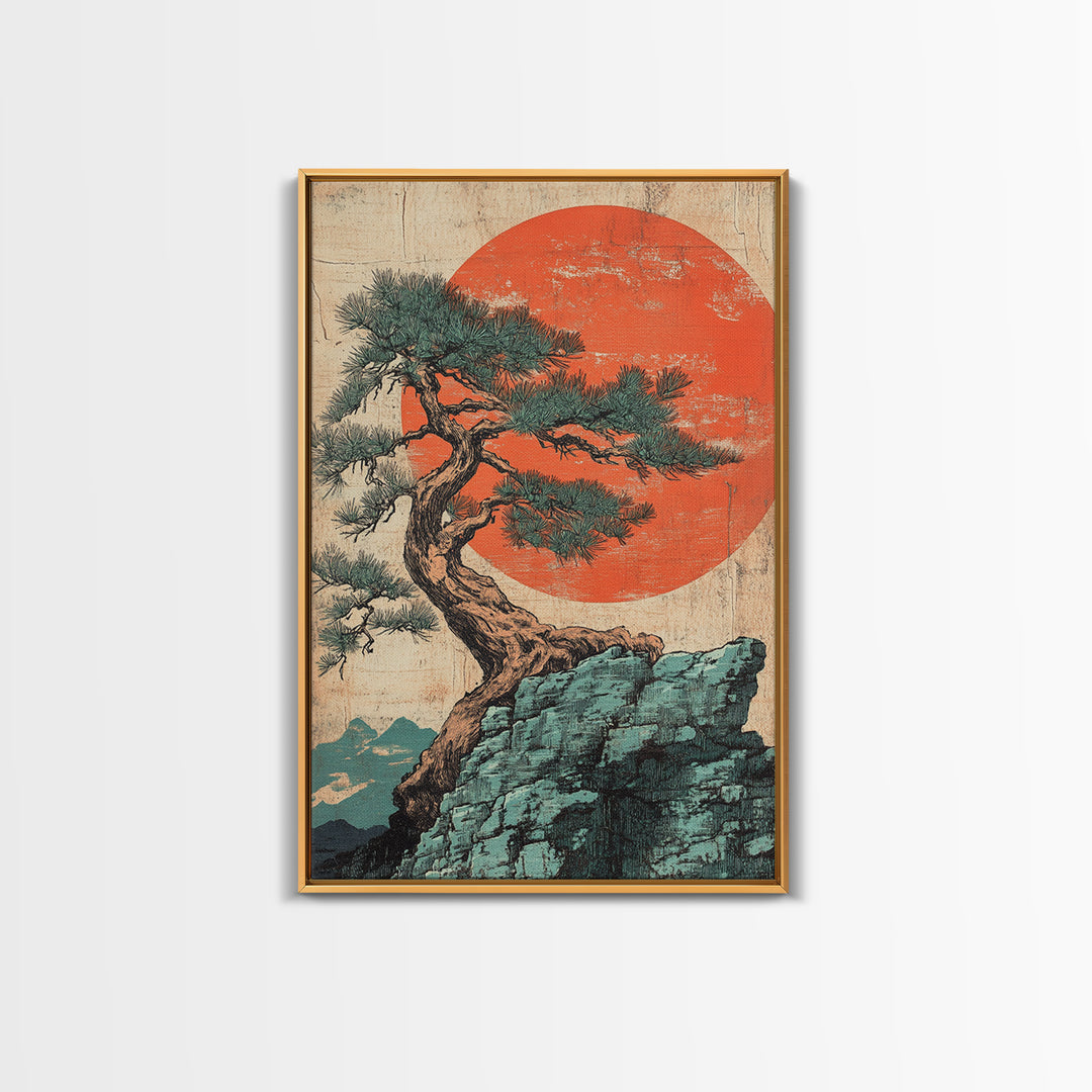 Twisted Pine Tree On Cliff With Red Sun Framed Canvas Print, Japanese Wall Art, Japandi Decor, Zen Landscape Art, Nature Home Decor