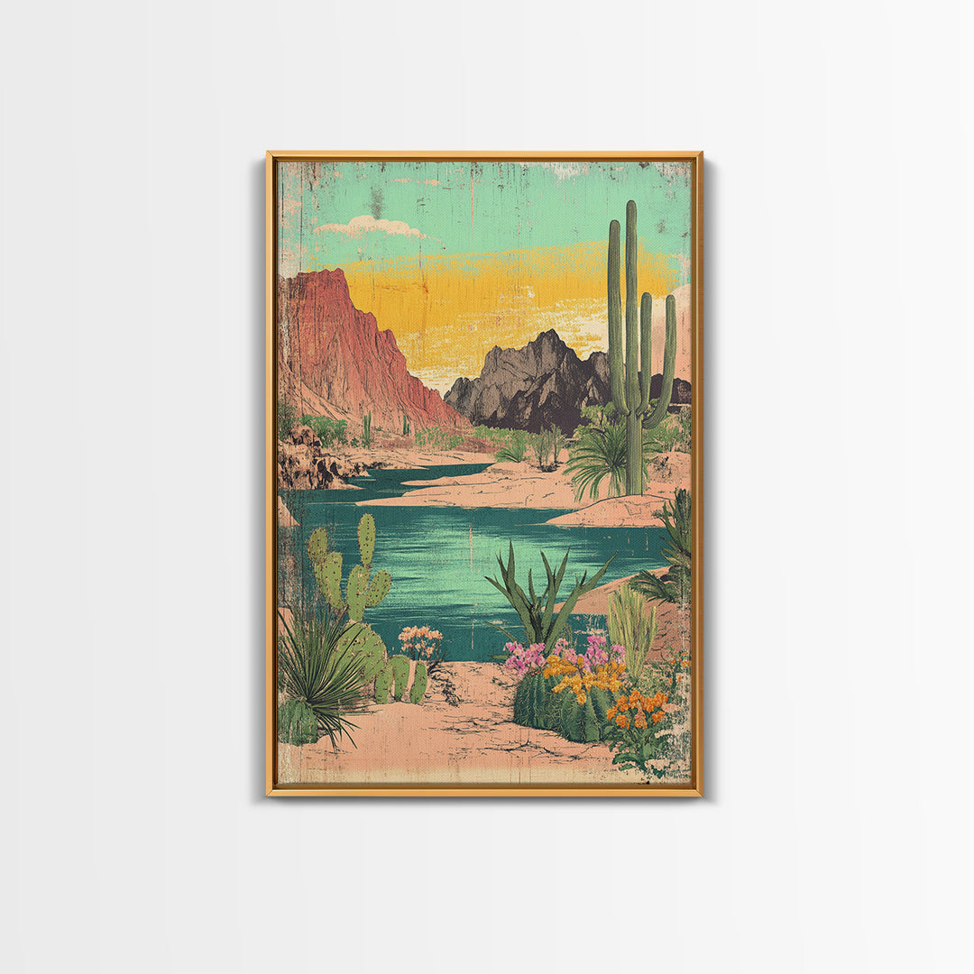 Turquoise Desert River Canyon With Saguaro Cactus Wall Art, Southwestern Landscape Print, Arizona Home Decor, Boho Decor