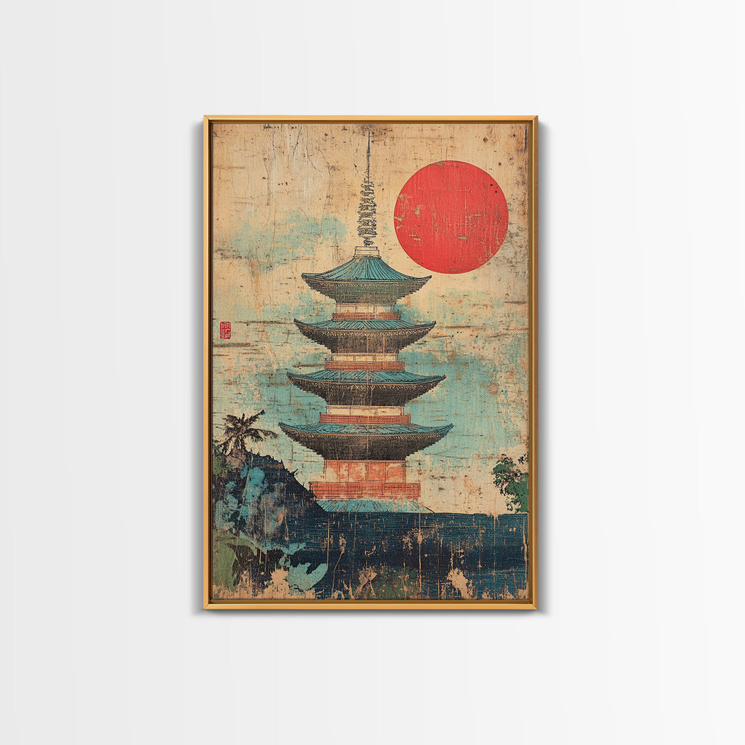 Japanese Pagoda Temple With Red Sun Framed Canvas Print, Asian Wall Art, Japandi Home Decor, Meditation Room Decor, Zen Wall Decor