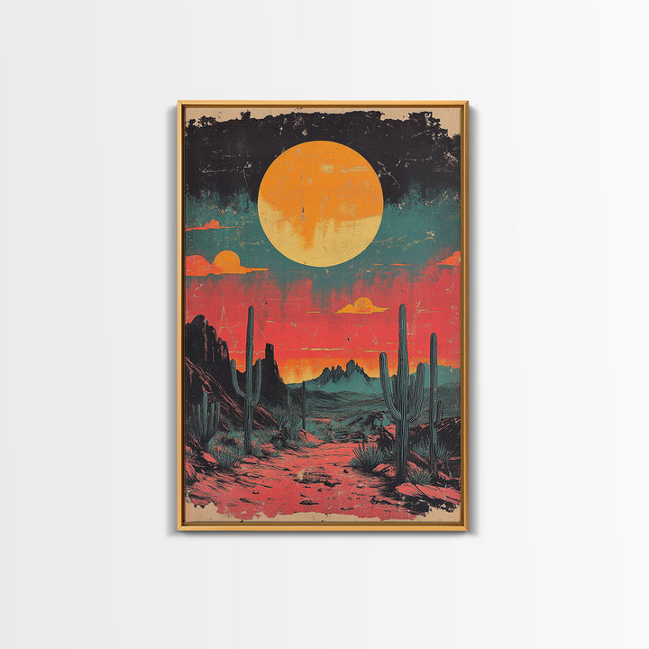 Neon Desert Sunset With Saguaro Cacti Canvas Print, Southwestern Wall Art, Retro Western Decor, Colorful Living Room Art