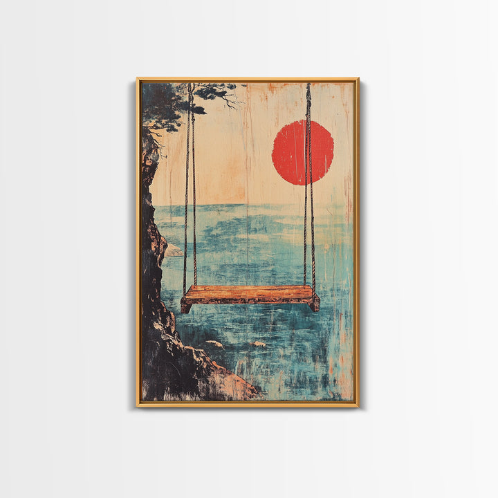 Minimal Japanese Ocean Swing Wall Art, Red Sun Coastal Print, Japandi Wall Decor, Beach House Decor, Calming Canvas Print
