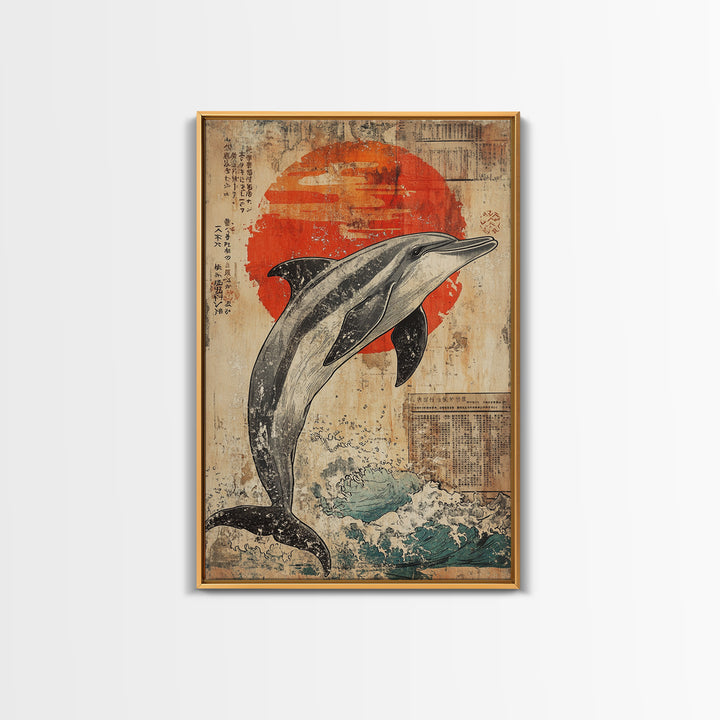 Leaping Dolphin Red Sun Wall Art, Japanese Ocean Print, Nautical Coastal Decor, Sea Life Artwork, Bathroom Canvas Print Gift