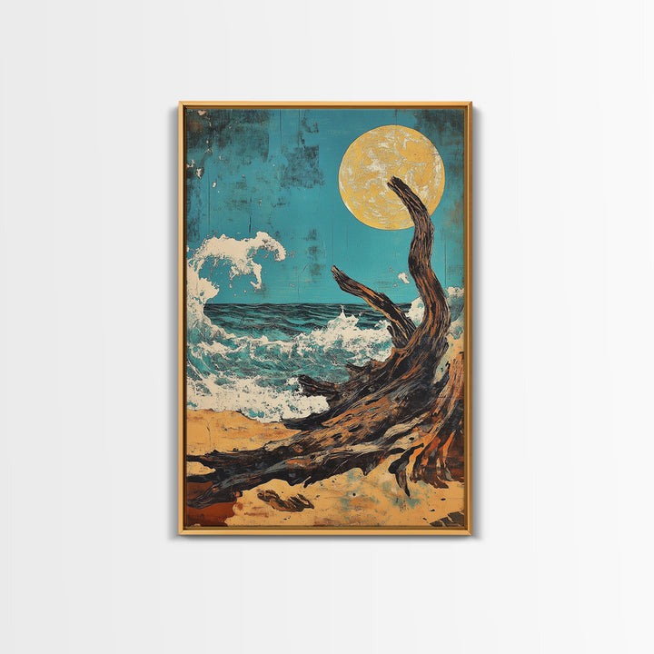 Driftwood Moonlit Ocean Waves Canvas Print, Japanese Coastal Wall Decor, Beach House Art, Teal Nautical Living Room Decor