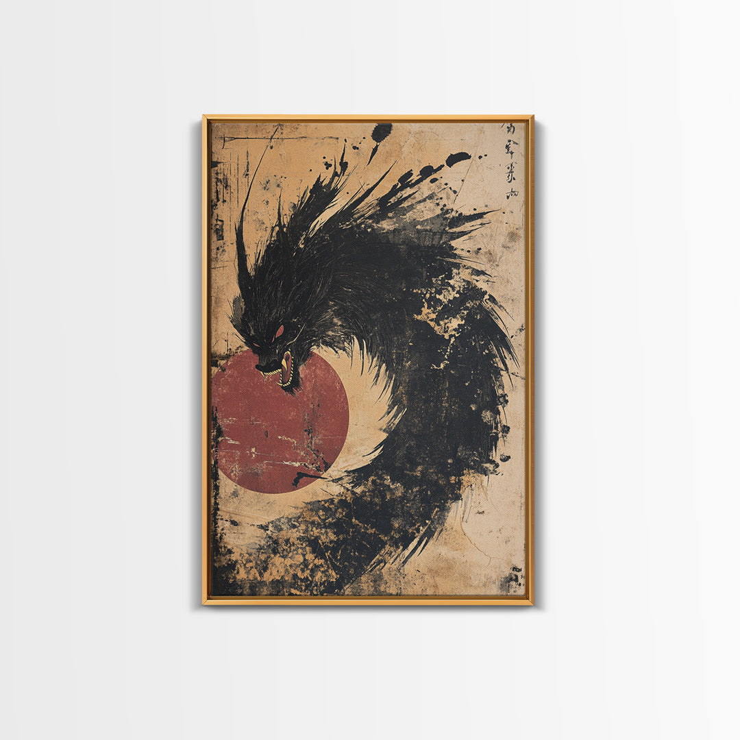 Black Ink Dragon Red Sun Canvas Print, Dark Japanese Wall Art, Fantasy Gothic Decor, Samurai Inspired Statement Artwork Print