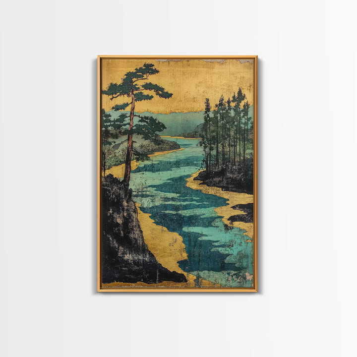 Gold River And Pine Forest Canvas Print, Japanese Landscape Art, Asian Wall Decor, Japandi Style Art, Serene Living Room Decor