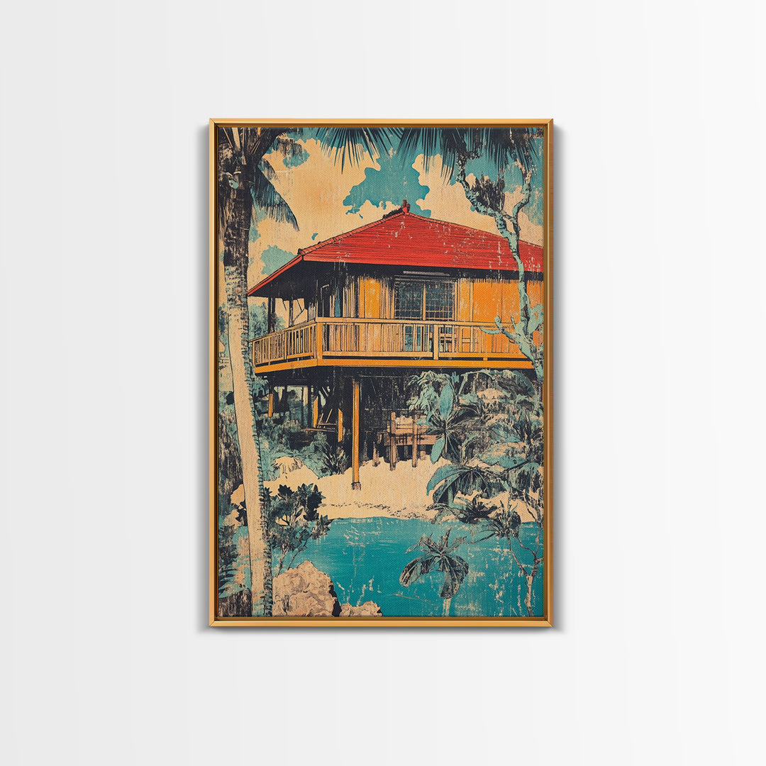 Tropical Stilt Beach House Canvas Print, Coastal Wall Art, Palm Tree Decor, Beach House Art, Summer Home Decor, Large Wall Art