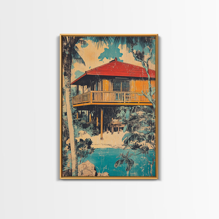 Tropical Stilt Beach House Canvas Print, Coastal Wall Art, Palm Tree Decor, Beach House Art, Summer Home Decor, Large Wall Art