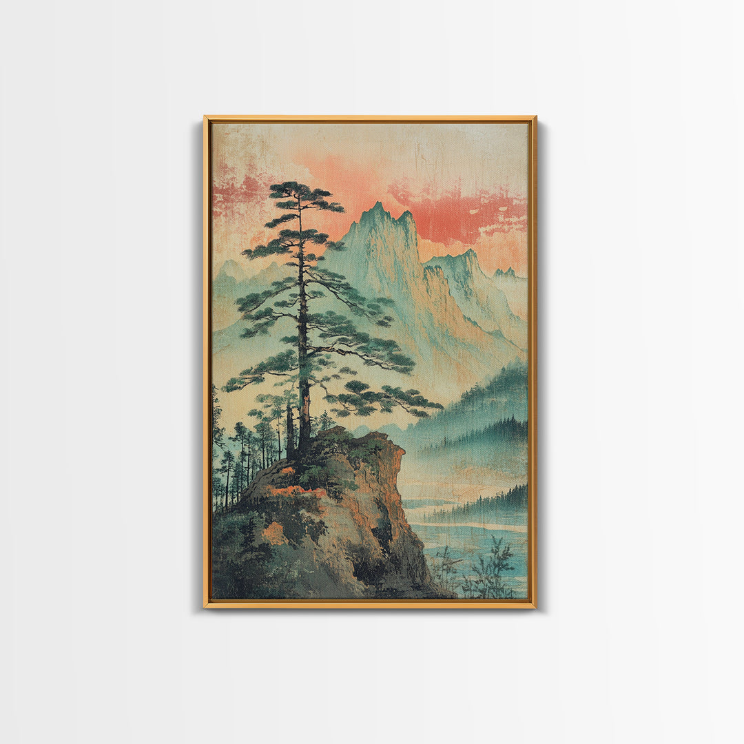 Misty Pine Cliff And Mountain Lake Wall Art, Japanese Landscape Print, Nature Wall Art, Serene Wall Art, Japandi Home Decor
