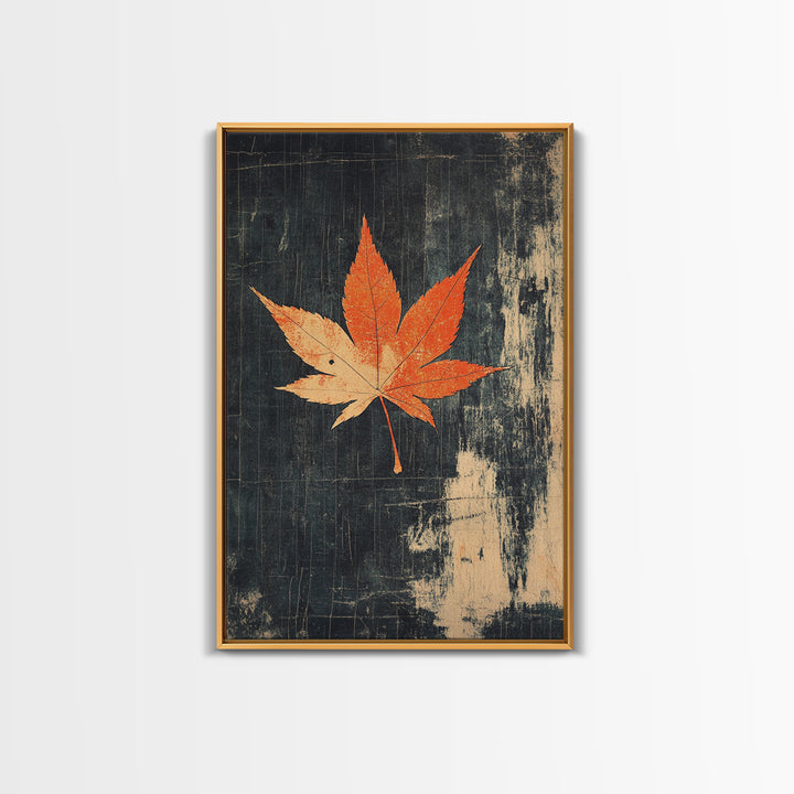 Orange Maple Leaf On Dark Texture Canvas Print, Autumn Wall Art, Botanical Print, Minimalist Decor, Nature Wall Art, Fall Decor