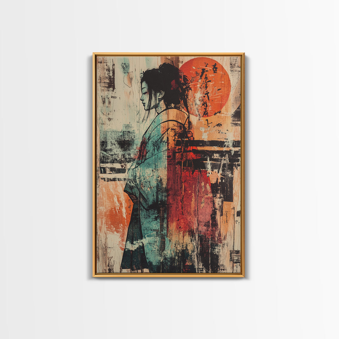 Abstract Kimono Woman With Red Sun Wall Art, Japanese Wall Art, Asian Inspired Decor, Feminine Wall Art, Modern Portrait Print