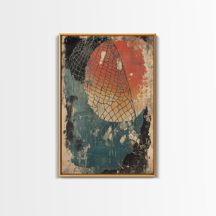 Fishing Net Abstract Wall Art, Red Sun Coastal Canvas Print, Nautical Wall Decor, Modern Rustic Home Decor, Beach House Decor