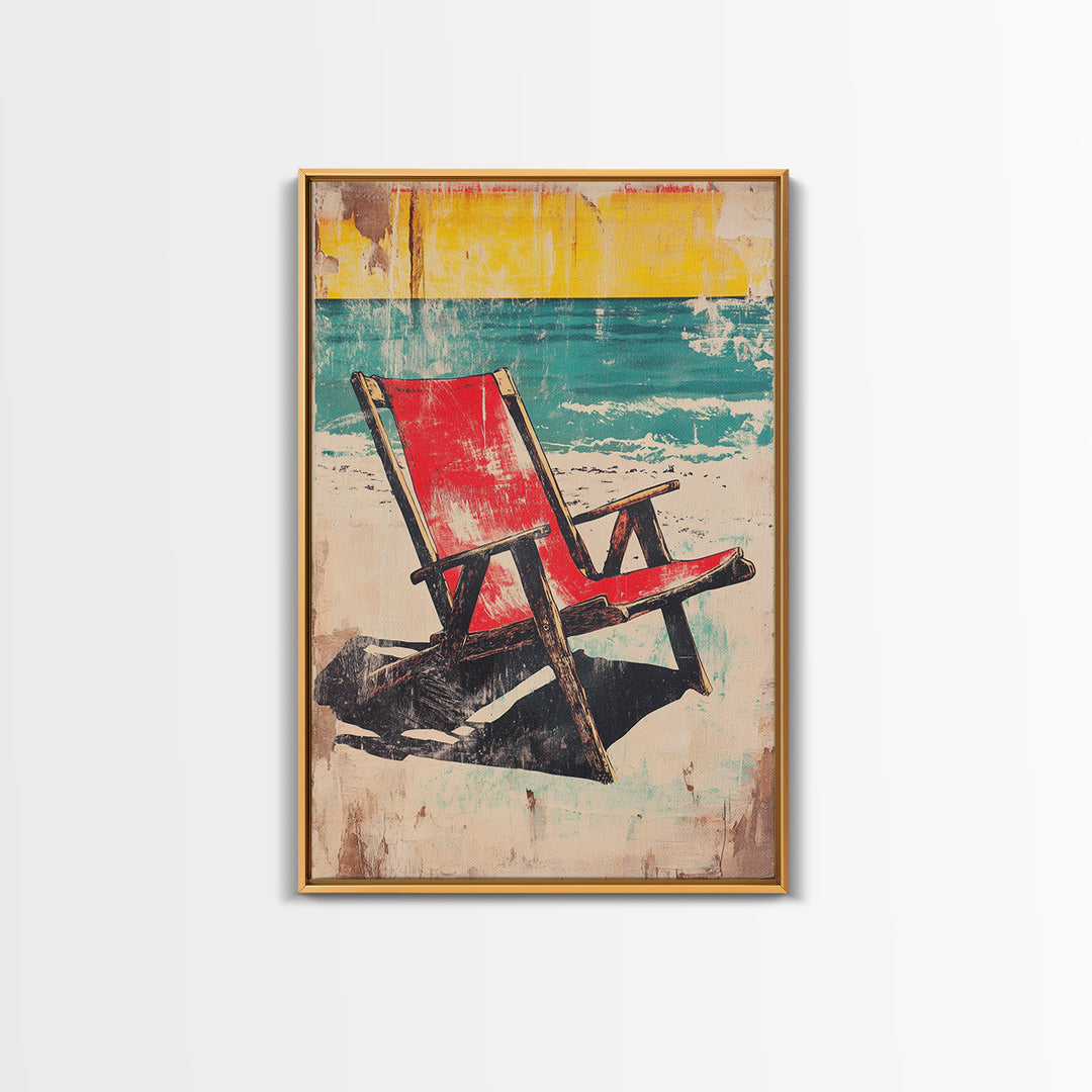 Red Beach Chair Wall Art, Turquoise Ocean Canvas Print, Retro Coastal Decor, Summer Beach House Gift For Her, Living Room Decor