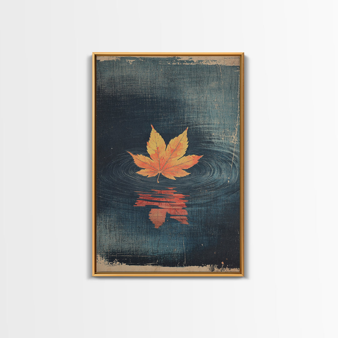Floating Maple Leaf Wall Art, Dark Water Reflection Canvas Print, Japanese Autumn Decor, Minimalist Nature Art, Japandi Wall Decor