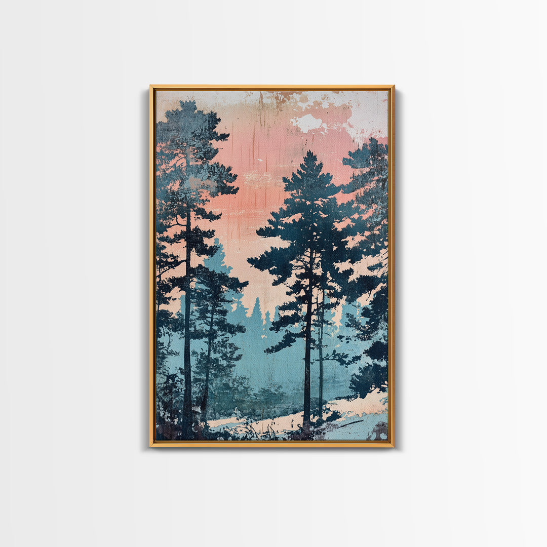 Misty Pine Forest Sunrise Wall Art, Pink Blue Nature Landscape Print, Scandinavian Decor, Calming Bedroom Or Office Decor